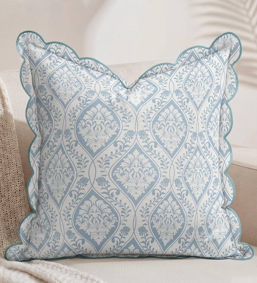 Scalloped Throw Pillow Cover 18x18 Inch - Decorative Blue Pillow Cover Damask Retro Cushion Case ... | Amazon (US)