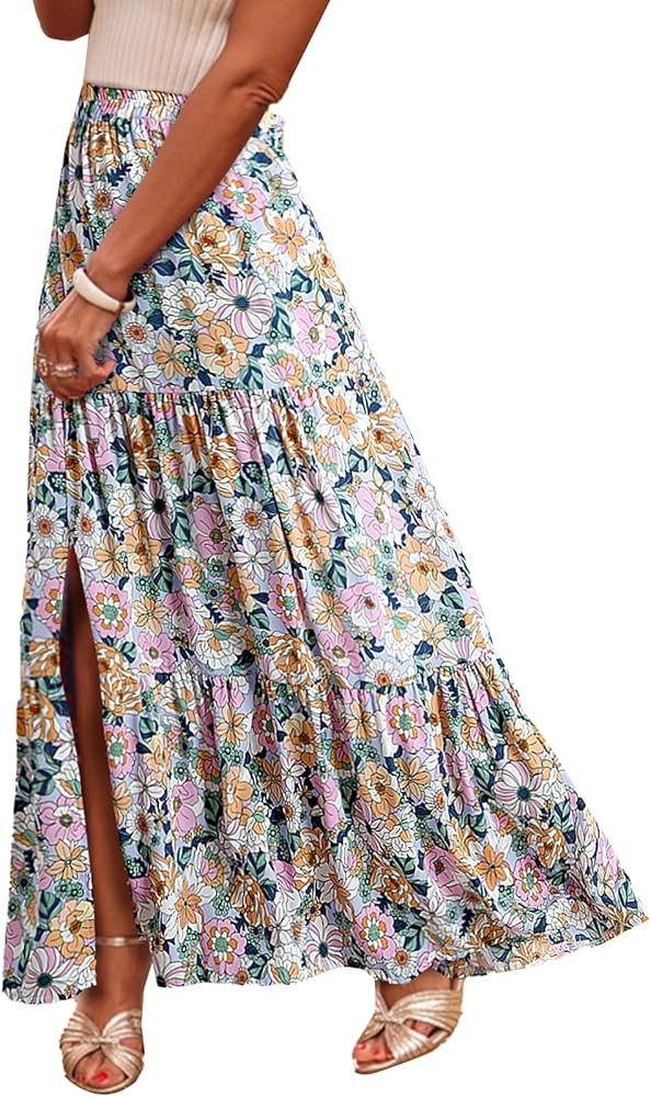 Happy Sailed Skirts for Women Spring Summer Boho Floral Print High Waist Flowy Split A Line Maxi ... | Amazon (US)