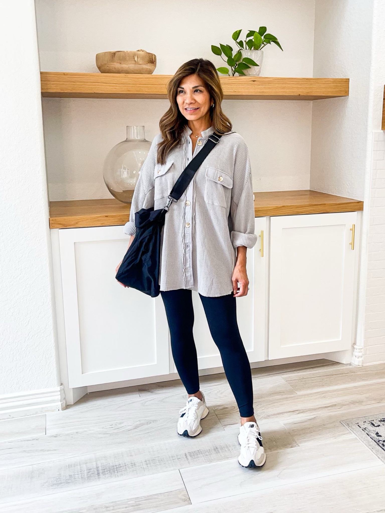 Waffle button down shirt in small and it’s perfectly oversized and very comfy, not itchy at all.
Fav leggings in XS in 7/8 length. Also linking the longer length. 
Tank top I sized up to 6. Has built-in bra.
New Balance shoes fit tts.
Love this new bag: lightweight, perfect for the gym, everyday, Weekender, or airport personal bag.
Amazon finds, fall outfit, fall fashion, mom style, casual outfit, mom style, travel outfit, what to wear at school pick-ups, petite fashion, affordable fashion. 

#LTKover40 #LTKstyletip #LTKfindsunder50