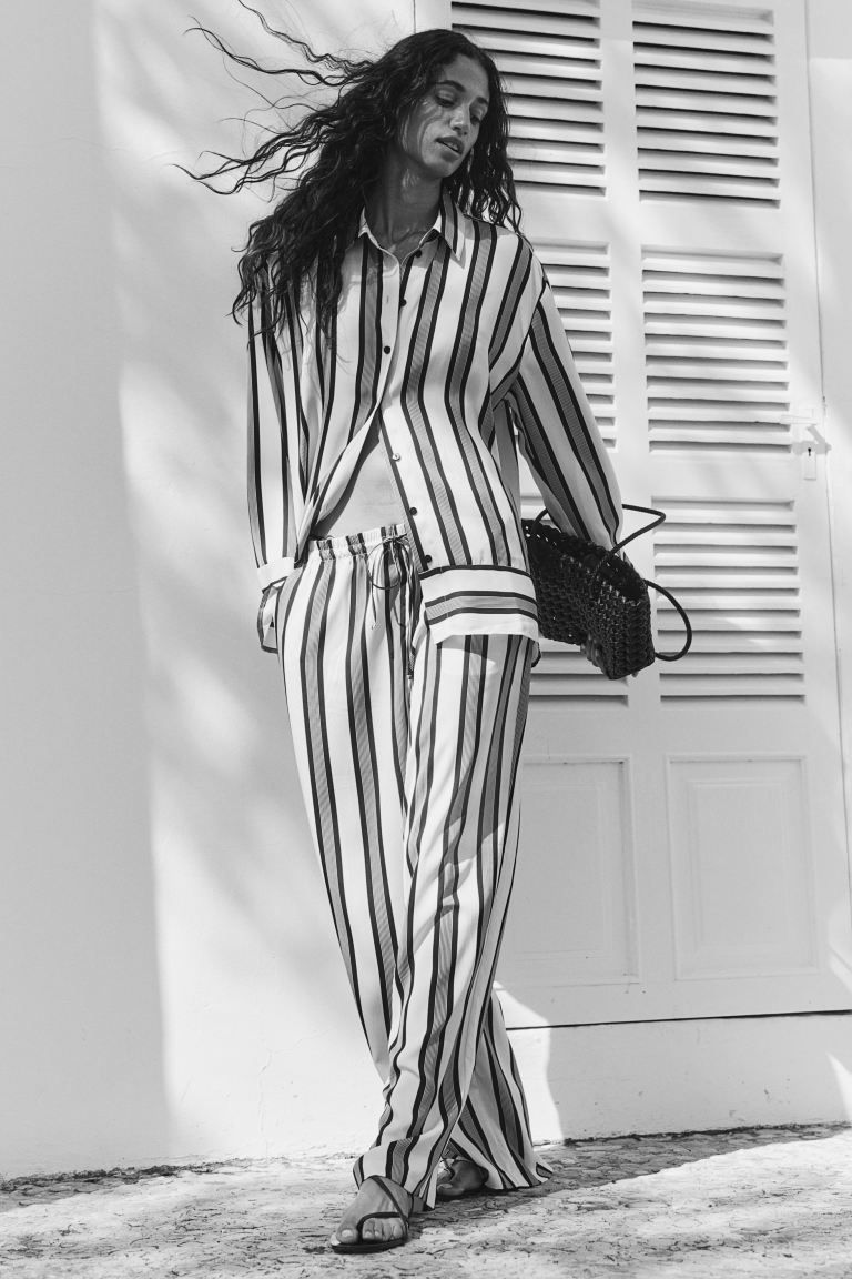 Wide-cut Pull-on Pants - High waist - Long - Cream/striped - Ladies | H&M US | H&M (US + CA)