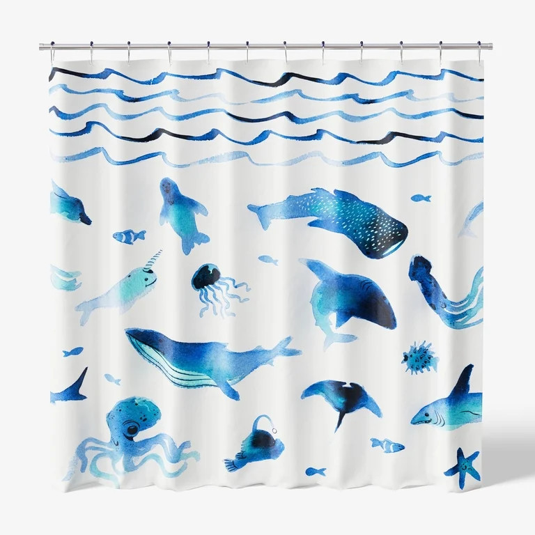 Mainstays Kids Fabric Shower Curtain with Hooks Set, Ocean - Walmart.com | Walmart (US)