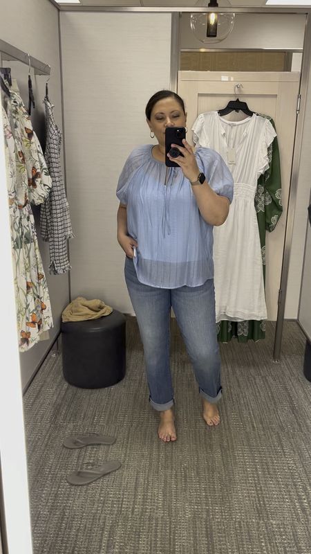 Part of my Nordstrom in store try on. I needed to size down in this gauze puff sleeve top (tried on an XL). Loved the jeans but not cuffed. Worn at the normal hem, they are perfect for me to wear with flats and the fit was great (yay for mid-rise)!

#LTKOver40 #LTKMidsize #LTKFindsUnder100