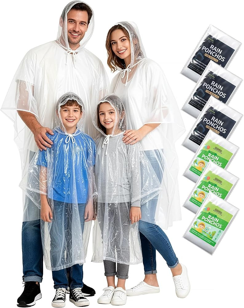 Hitituto Rain Ponchos Family Pack Kids– 6/12/24 Pack Disposable Poncho with Hood, Clear & Assor... | Amazon (US)