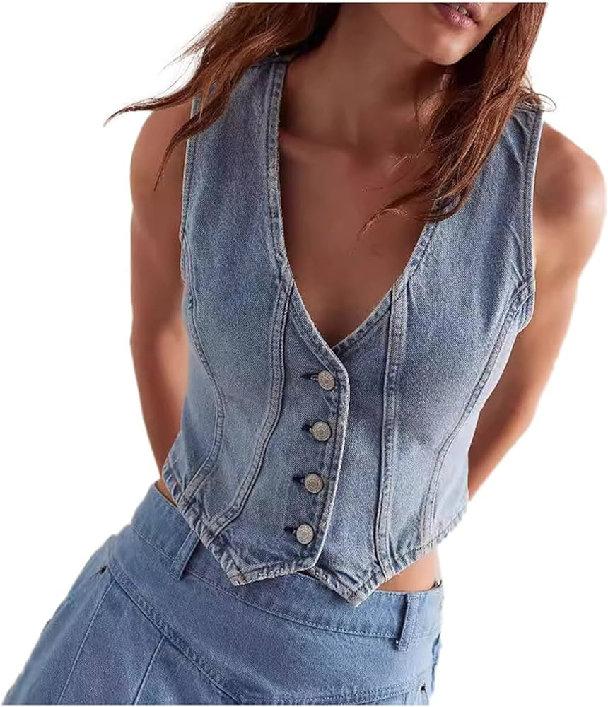 Women Y2K Button Down Denim Vest Sexy Sleeveless Denim Crop Top Low Cut Strapless Jean Corset Bus... | Amazon (CA)