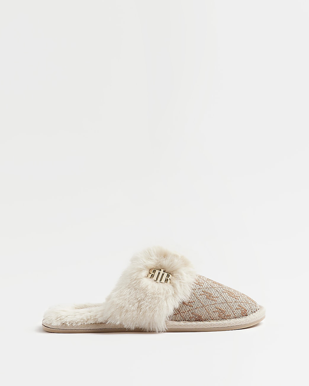 Brown jacquard faux fur slippers | River Island (UK & IE)
