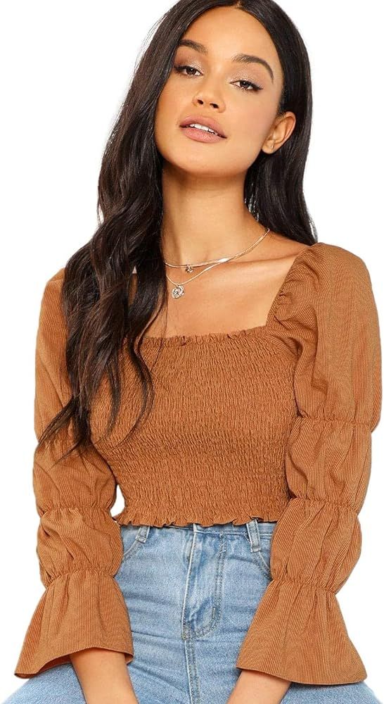 Floerns Women's Square Neck Puff Sleeve Shirred Blouse Crop Top | Amazon (US)