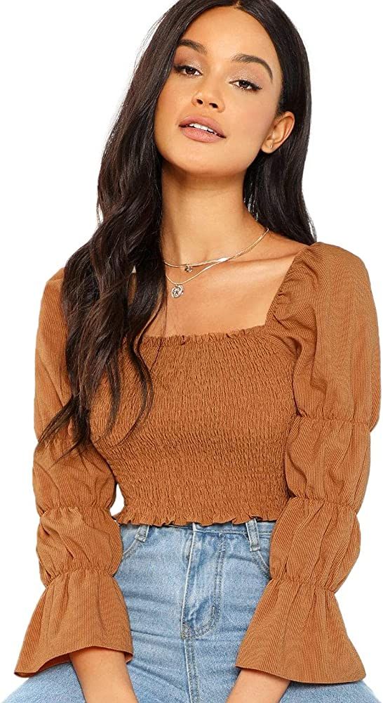 Floerns Women's Square Neck Puff Sleeve Shirred Blouse Crop Top | Amazon (US)