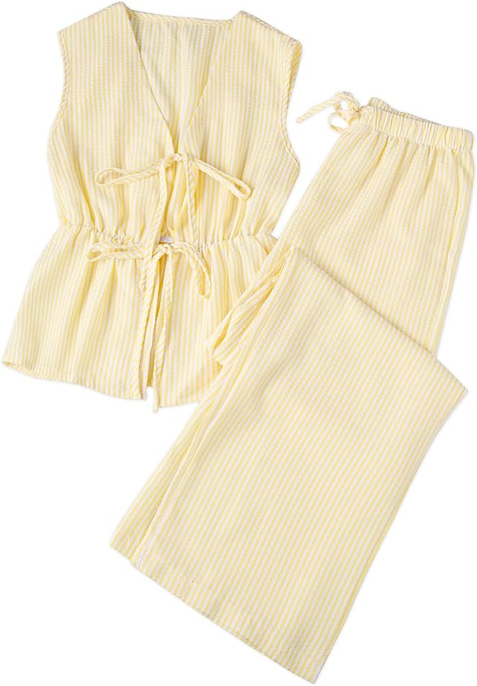 Remidoo Women's Striped 2 Piece Set Tie Front Peplum Tank Tops Wide Leg Pants Sets | Amazon (US)