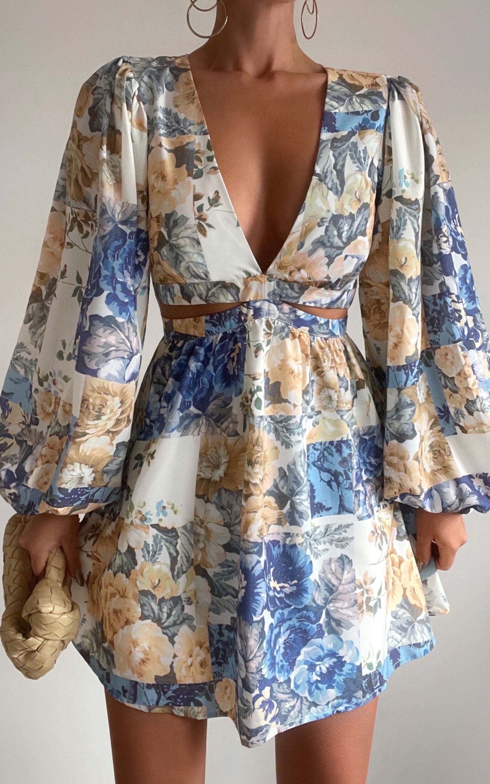 Emily Mini Dress - V Neck Long Sleeve Cut Out Dress in Patchwork Floral | Showpo (US, UK & Europe)
