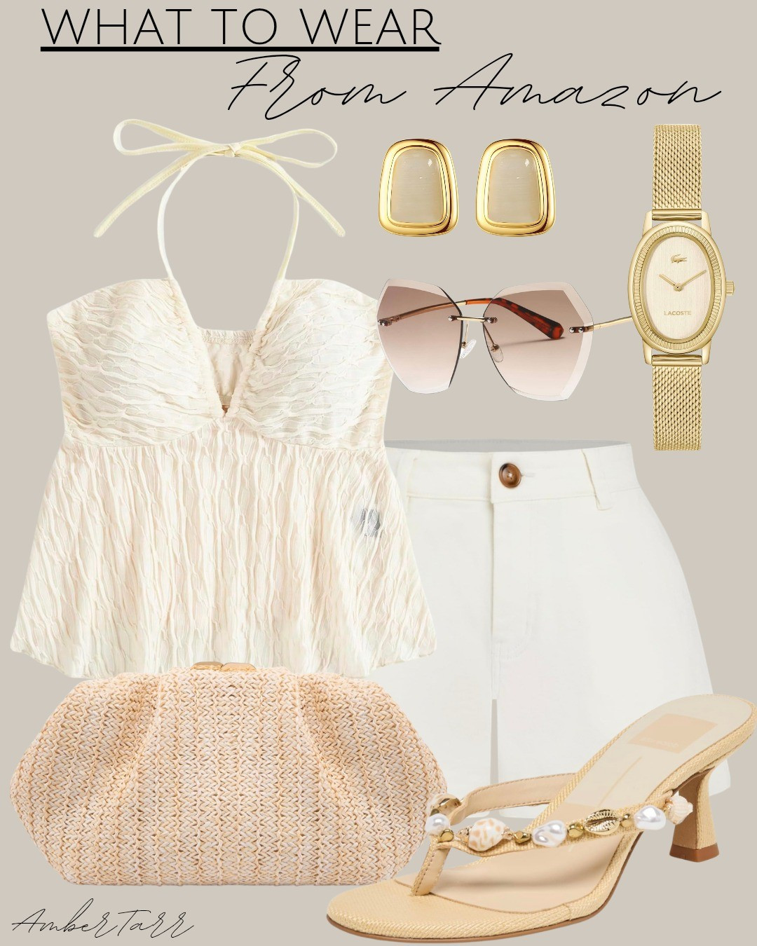 This cream ruched halter top paired with white shorts, a woven rattan clutch, cream pearl embellished heeled sandals, gradient sunglasses, gold square stud earrings, and a dainty gold watch is such a cute and casual summer outfit. Effortlessly chic and perfect for a beach day, vacation, or any warm weather outing where you want to look put together without overthinking it.

#LTKOver40 #LTKootd #LTKdayinmylife