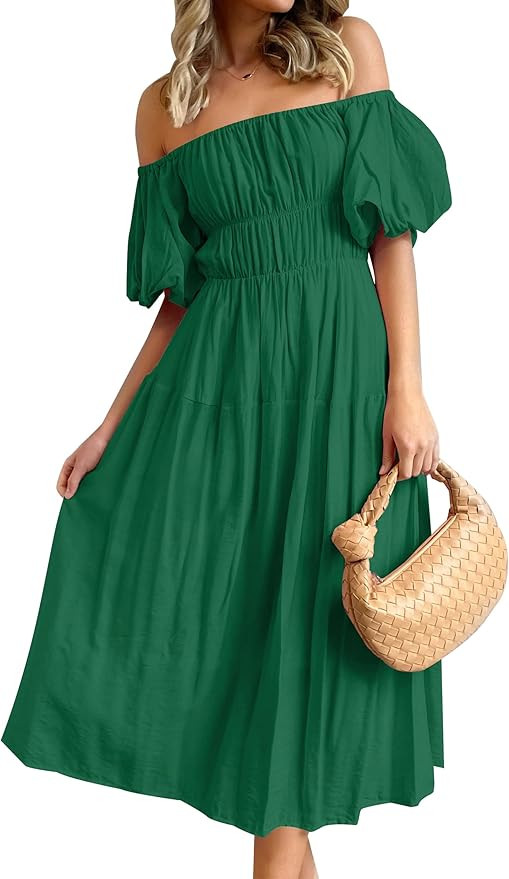 ZESICA Women's Sexy Boho Off Shoulder Puff Short Sleeve High Waist Ruffled Flowy A Line Beach Par... | Amazon (US)