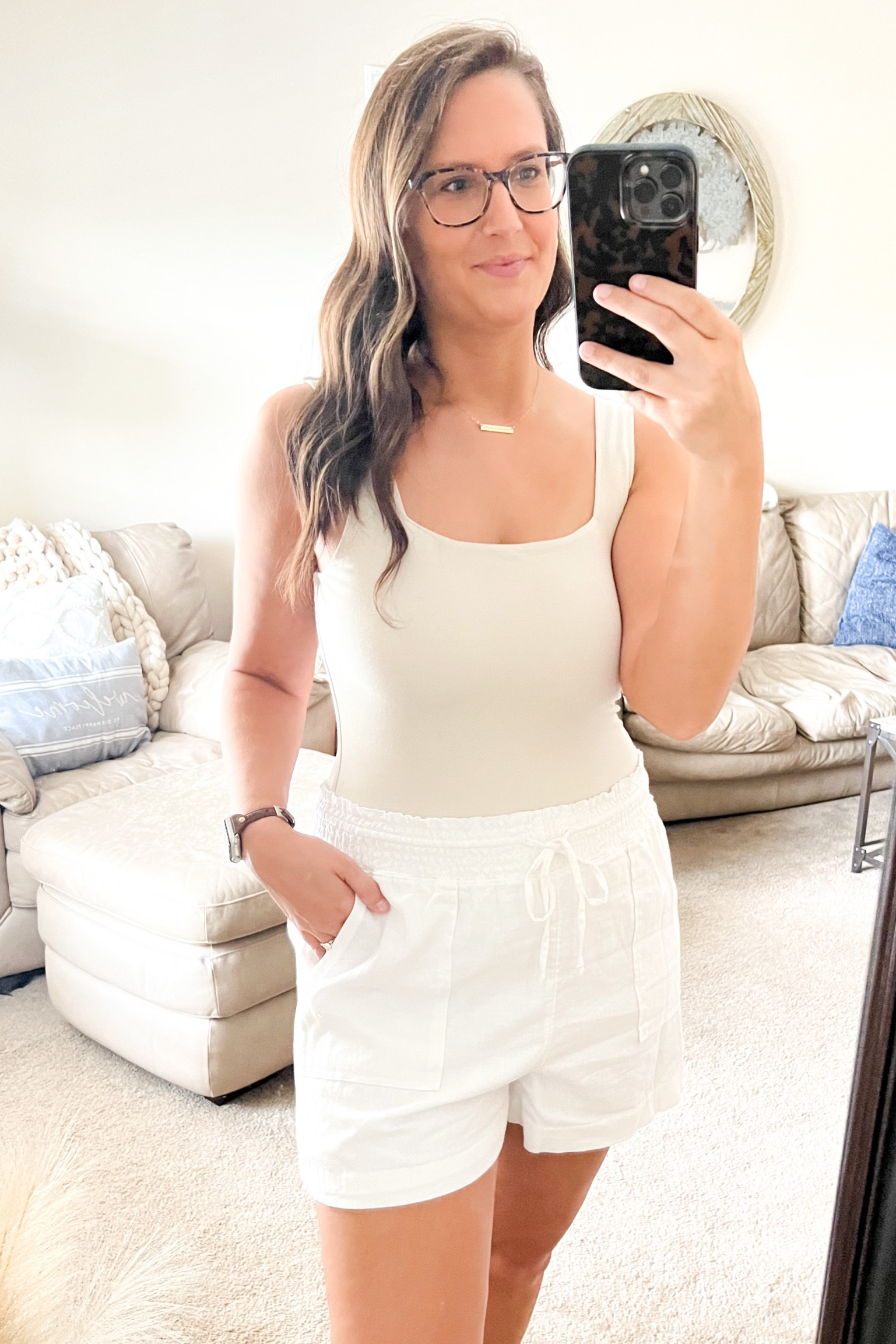 Spring summer outfit. Cream Body suit from old navy and white linen shorts from WALMART! 

#LTKunder50 #LTKSeasonal #LTKstyletip