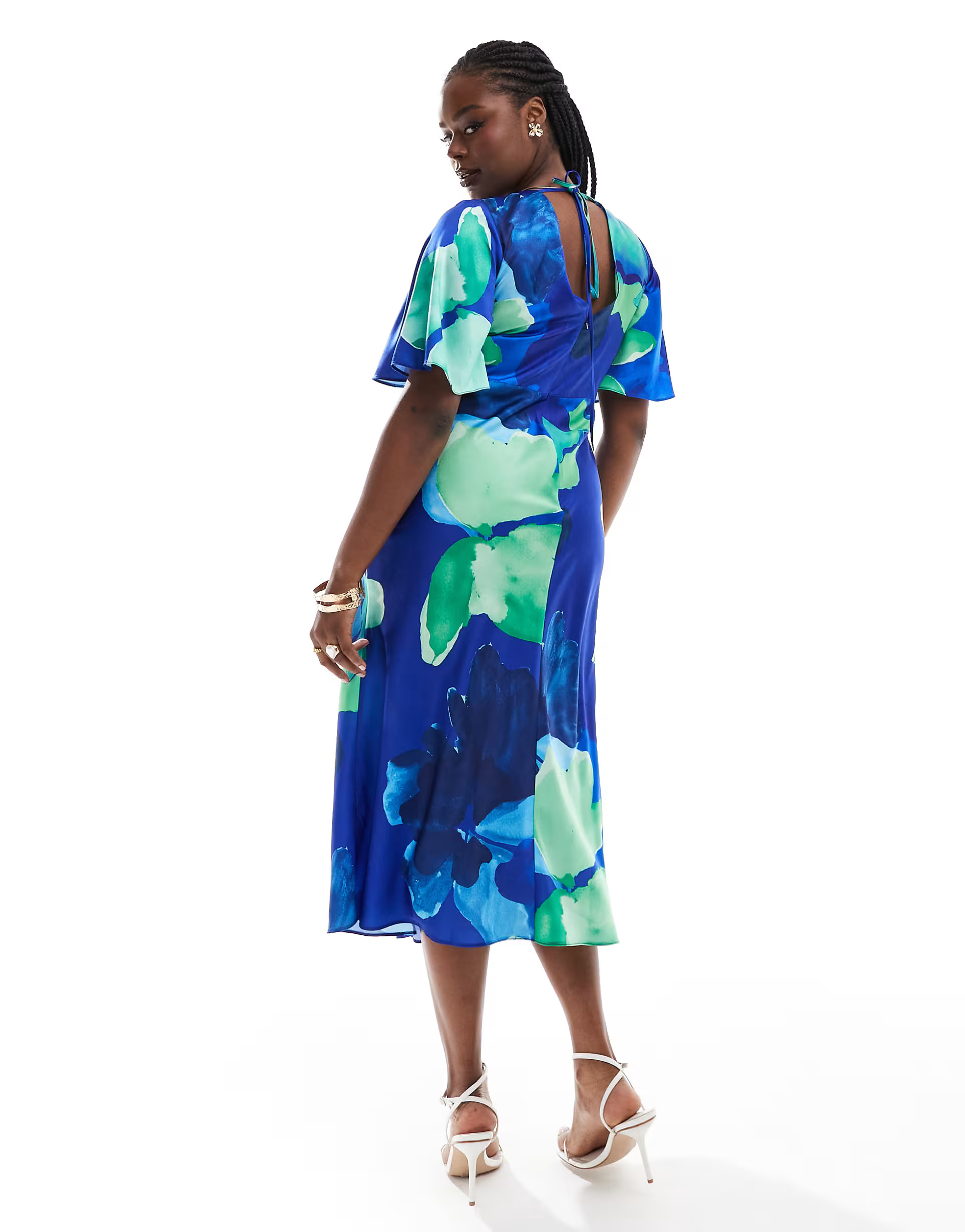 ASOS DESIGN Curve satin flutter sleeve midi dress in blue floral print | ASOS (Global)