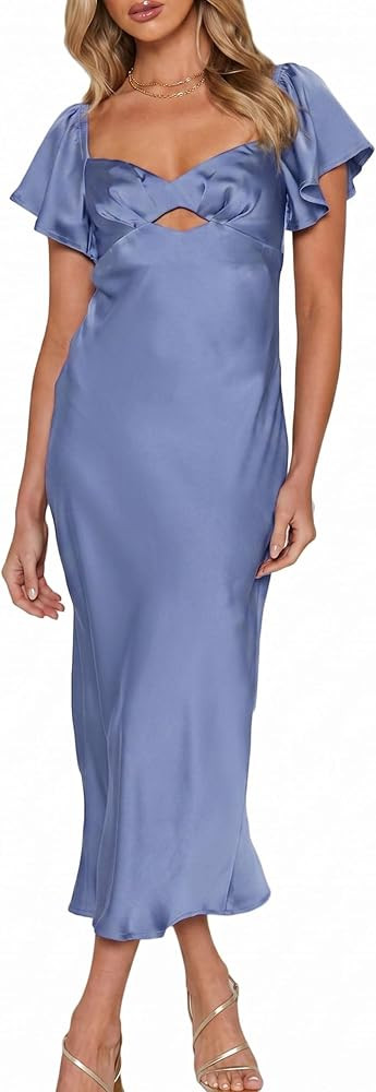 Summer Satin Flutter Sleeve Wedding Guest Dresses for Women Sweetheart Neckline Cutout Tie Back M... | Amazon (US)