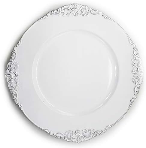 Allgala 13-Inch 6-Pack Heavy Quality Plastic Round Charger Plates-Floral White Silver Trim-HD8034... | Amazon (US)