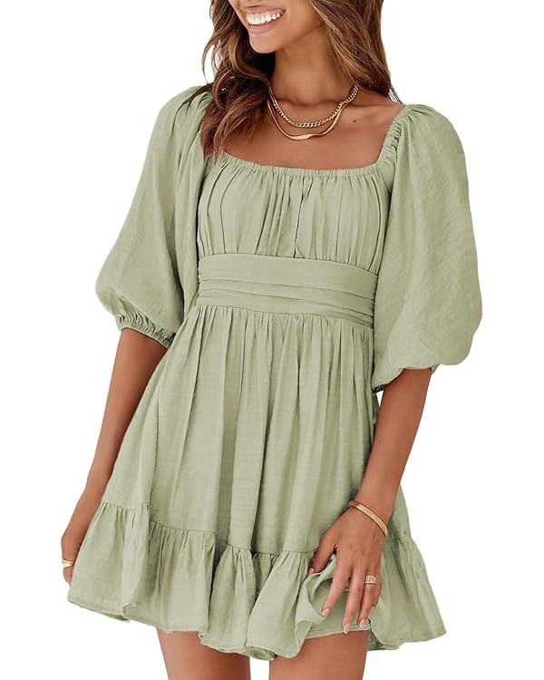 Dokotoo Womens Summer Dresses Square Neck Tie Back Lantern Sleeve Ruffle A-Line Casual Dress | Amazon (US)