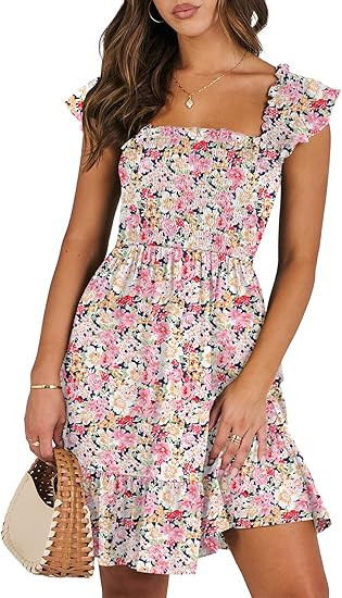 ANRABESS Women's Summer Casual Sleeveless Square Neck Dress 2026 Smocked Ruffle Backless Boho Bea... | Amazon (US)