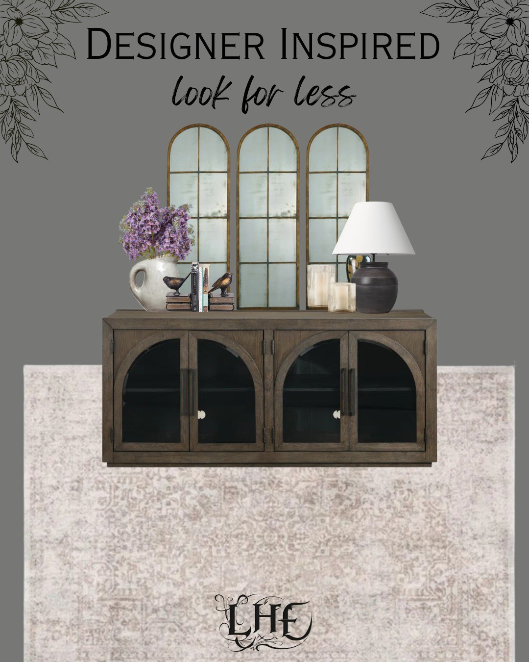 Designer inspired look for less yes please 🙏.  This sideboard is an arhaus look for less! I also included additional options to get this look below at different price points 👇 Shop by clicking the thumbnails below 👇.  Console table, farmhouse decor, sideboard, sideboard cabinet, sideboard styling, designer inspired, designer look for less, arched mirror, arched cabinet, vase, pitcher vase, florals, Faux florals, candle decor, bookends, table decor, table styling, vintage rug, buffet cabinet, area rug, living room rug, farmhouse rug, neutral rug, table lamp, rustic lamp 

#LTKHome #LTKStyleTip #LTKFamily