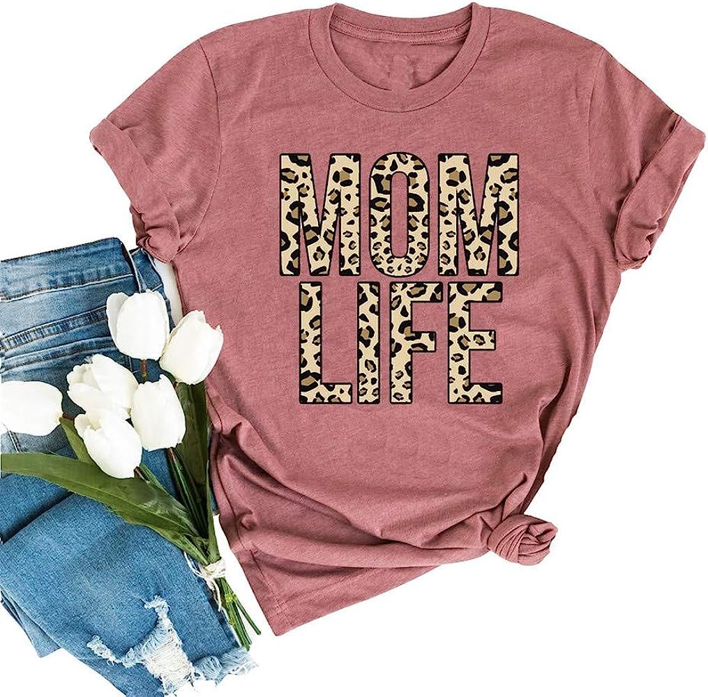 Womens Mother's Day T-Shirt Leopard Mom Life Funny Short Sleeve Graphic Tee Tops | Amazon (US)