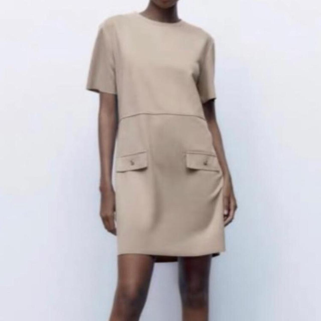 Zara Women's Shirt Dress - Tan/Cream - M | Depop US