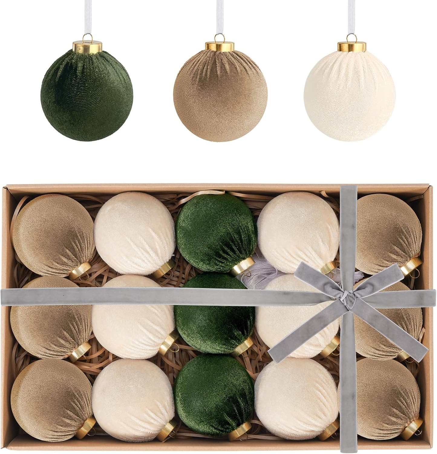 Velvet Ball Christmas Tree Ornaments Set, 15 Pack, Green/Brown, 3.15 in | Amazon (US)