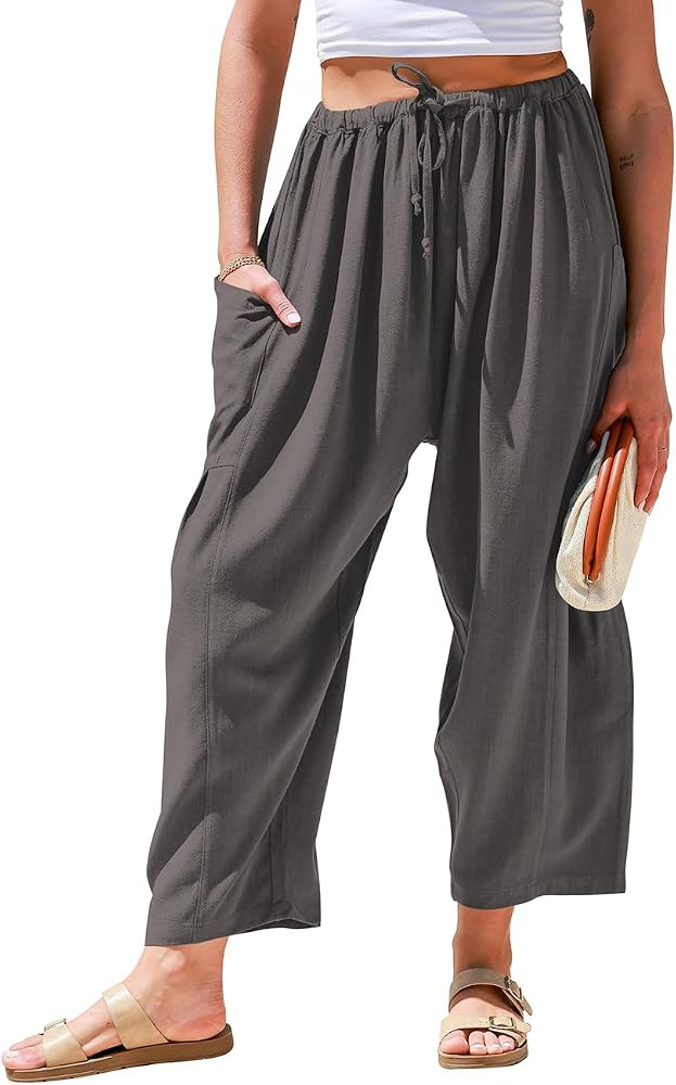 TARSE Womens Linen Wide Leg Pants Casual Loose Drawstring Summer Beach Travel Vacation Palazzo Ha... | Amazon (US)