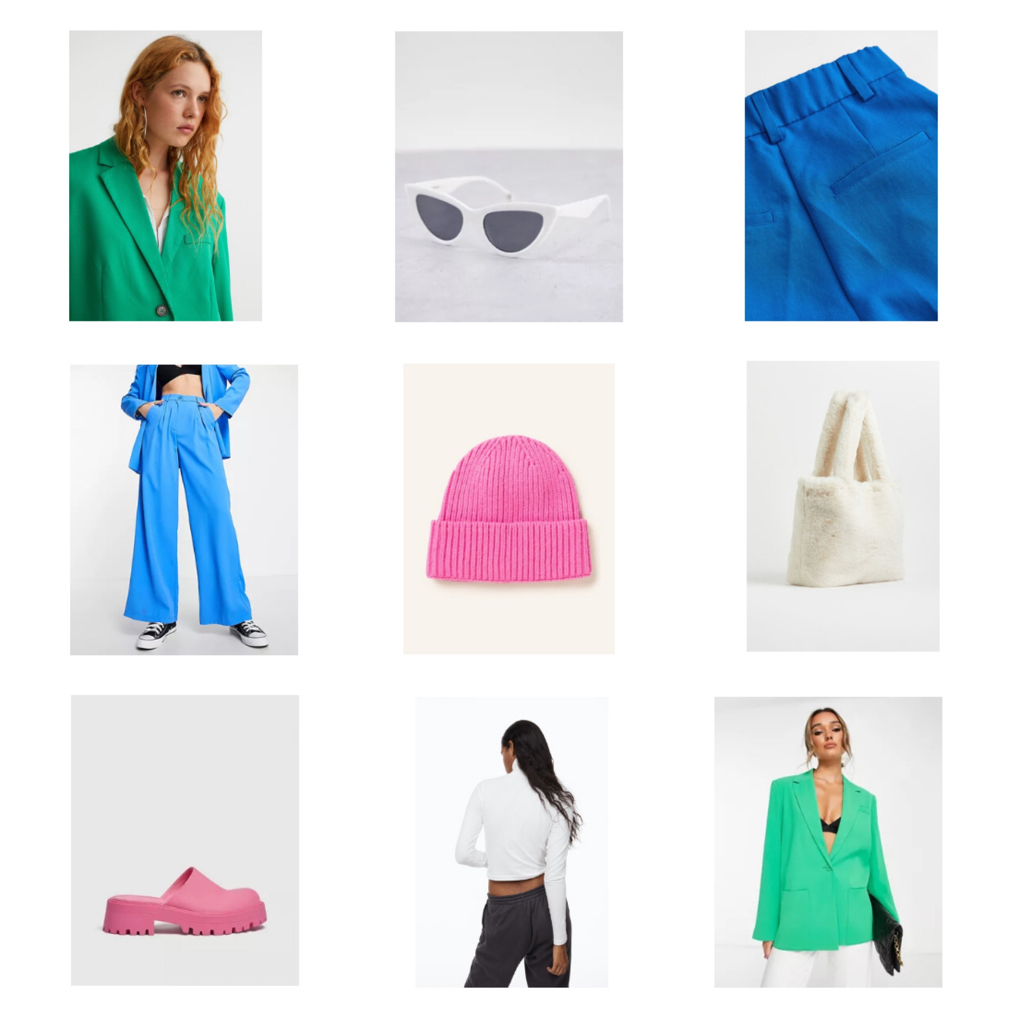 Colorful Winter Look. Fashion Blogger Girl by Style Blog Heartfelt Hunt. Girl with blond hair wearing a pink beanie, green oversized blazer, feather hem details, white turtleneck, white cat-eye sunglasses, blue wide leg pants, faux fur bag and pink chunky clogs. #colorfuloutfit #colorfulstyle #colorfulfashion #colorfullooks #fashionfun #cutefalloutfit #fallfashion2022 #falllookbook #fitcheck #dailylooks #dailylookbook #contentcreator #microinfluencer #discoverunder20k 