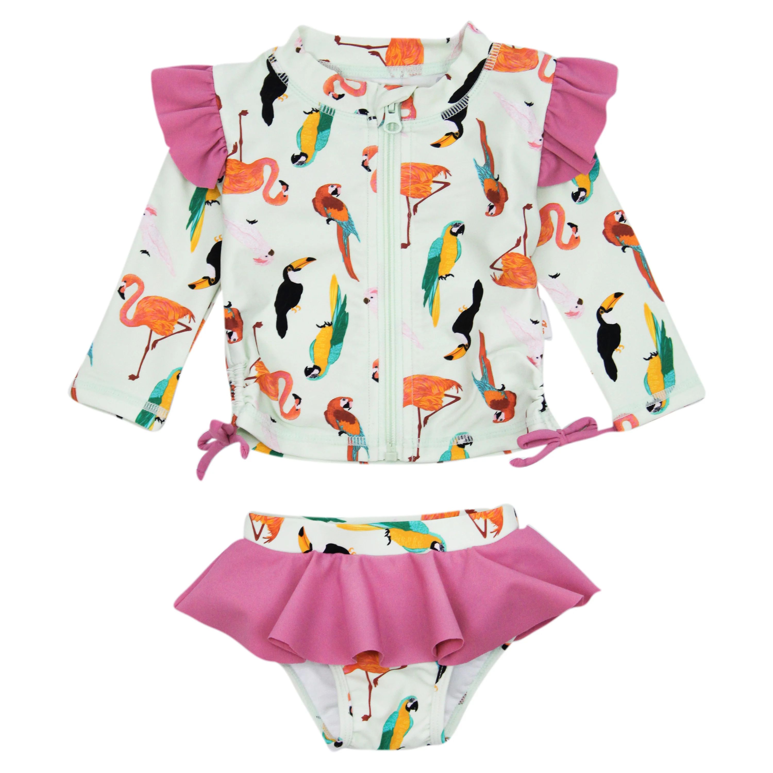 Girls Long Sleeve Rash Guard Ruffle Bottom Swimsuit Set (2 Piece) | "Tropical Birds" | SwimZip