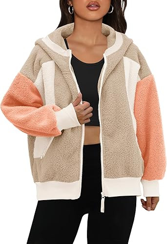 Panadila Womens Fuzzy Fleece Jacket Zip Up Oversized Hoodie Sherpa Warm Coats Color Block Top Out... | Amazon (US)