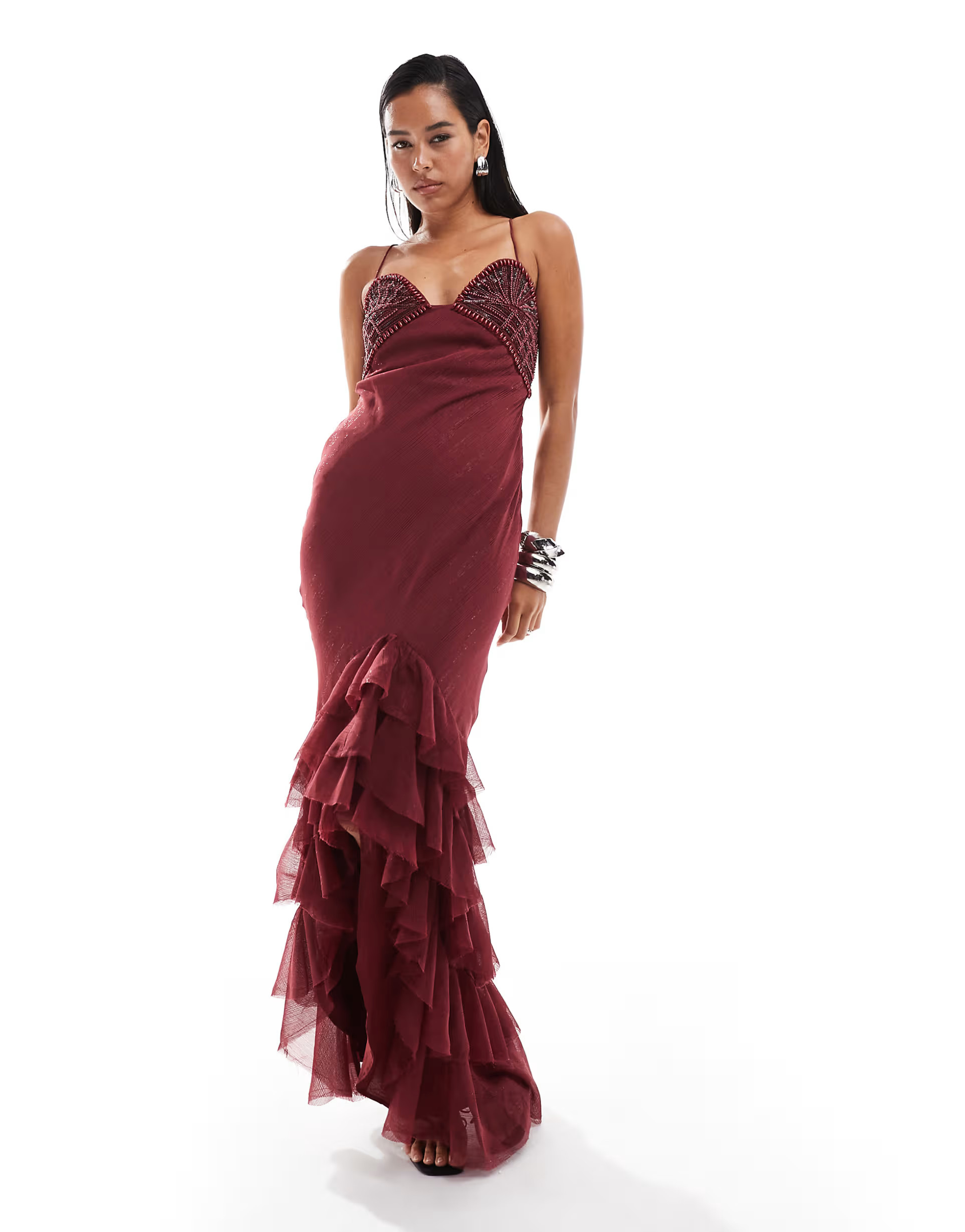 ASOS DESIGN halter maxi dress with embellished bodice and ruffle hem detail in burgundy | ASOS (Global)