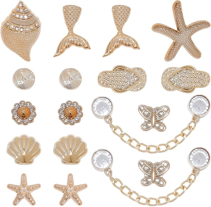 18 Pcs Bling Shoe Charms Gold Starfish Conch Beach Shoe Accessories Bling Gold Shoe Chain for Wom... | Amazon (US)
