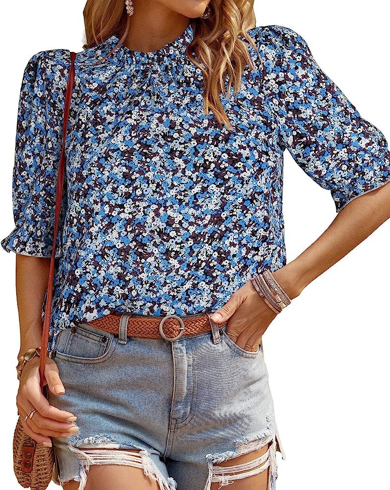 BTFBM Women's Summer Boho Shirt Top Ruffle Short Sleeve Frill Trim Mock Neck Floral Solid 2024 Ca... | Amazon (US)