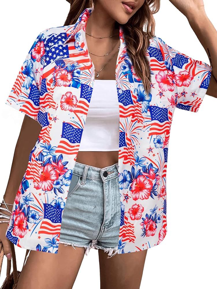 American Flag Shirt Women 4th of July Shirts Hawaii Floral Patriotic Stars Stripes Graphic Tee US... | Amazon (US)
