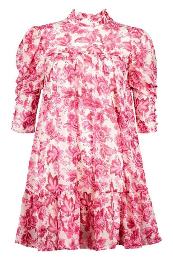 Printed Puff Sleeve Ruffle Neck Smock Dress | Boohoo.com (US & CA)