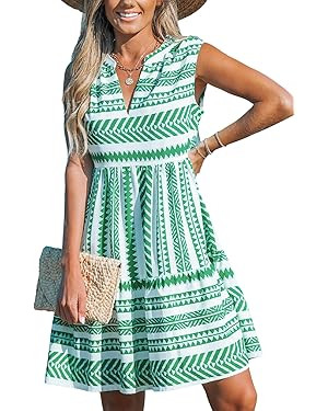 CUPSHE Women's Ruffle Beach Mini Dress Split V Neck A Line Sleeveless Geometric Stripe Tropical L... | Amazon (US)