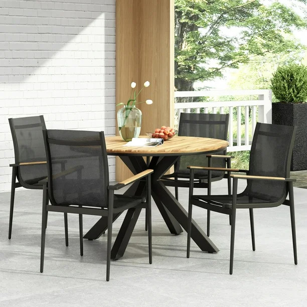 Homan Mesh and Acacia Wood Outdoor 5 Piece Dining Set, Black and Teak | Walmart (US)