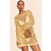Butter Yellow Crochet Long Sleeve Beach Mini Dress | PrettyLittleThing UK