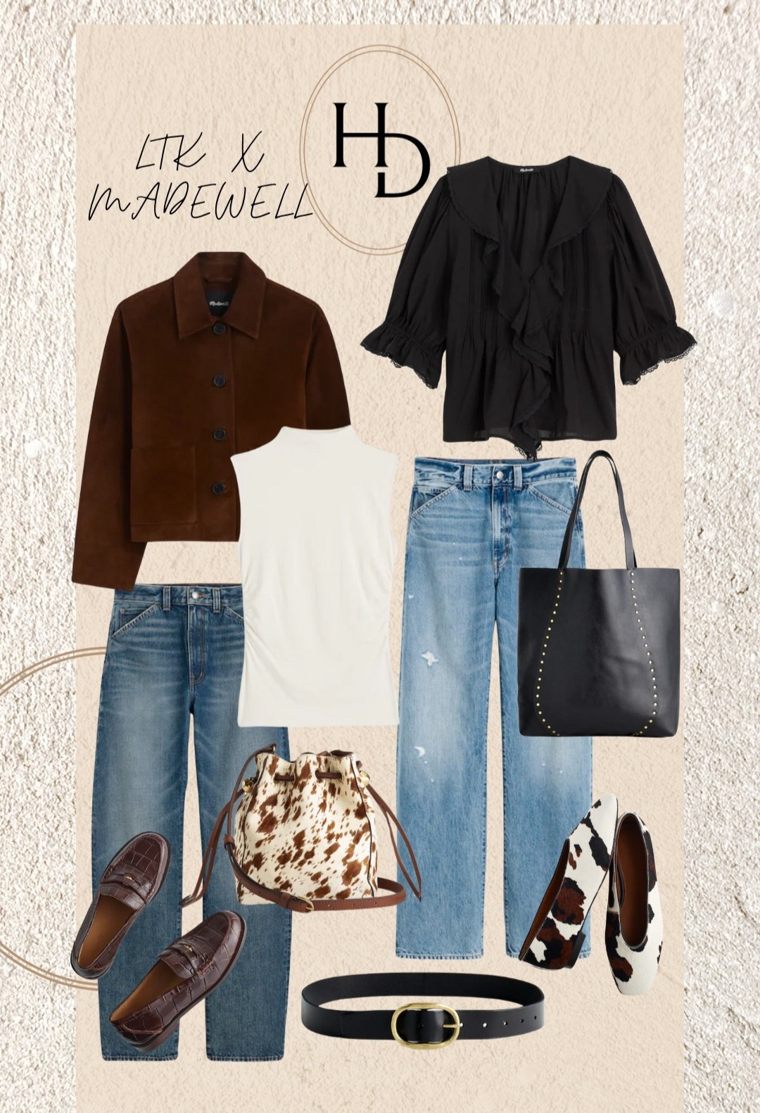 Suede jacket // studded purse // cowhide // cow print // flats // loafers // tops // jeans // barrel leg // tts

#LTKxMadewell #LTKSeasonal #LTKShoeCrush