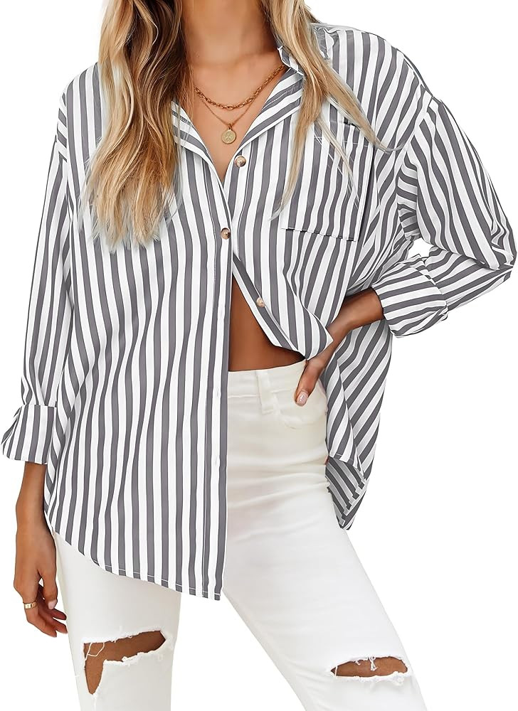 HOTOUCH Women's Striped Button Down Shirts Casual Long Sleeve Boyfriend Loose Collared Blouses To... | Amazon (US)