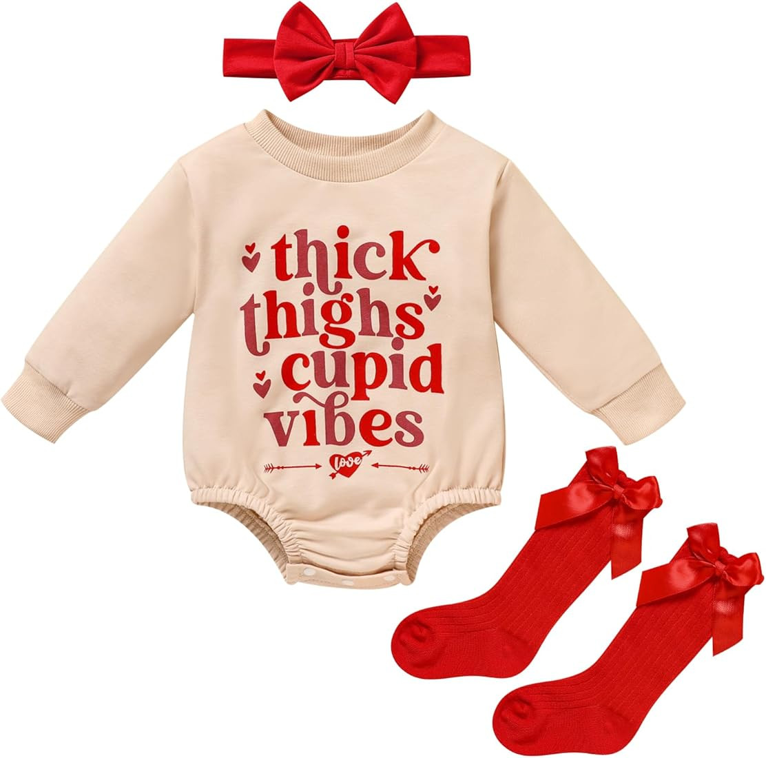 ZOELNIC Baby Girl Valentine's Day Clothes Letter Print Long Sleeve Romper+Socks+Headband Spring O... | Amazon (US)