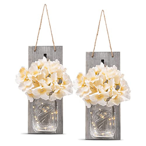 HOMKO Decorative Mason Jar Wall Decor - Rustic Wall Sconces with 6-Hour Timer LED Fairy Lights and F | Amazon (US)
