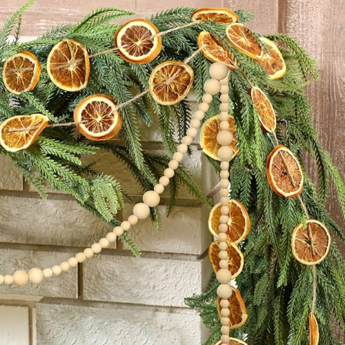 Daifunli 6ft Christmas Garland Decoration Realistic Norfolk Pine Greenery Dried Orange Slices Farmhouse Wood Beaded Garland Vintage Holiday Decor for Fireplace Mantel Doorway Indoor Outdoor(White) | Amazon (US)
