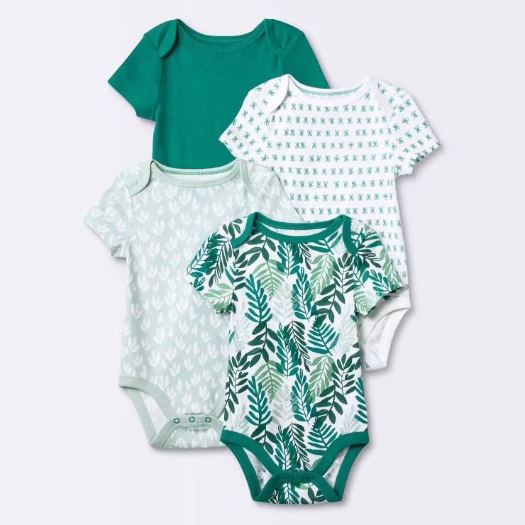 Baby 4pk Foliage Short Sleeve Bodysuit - Cloud Island™ Olive Green | Target