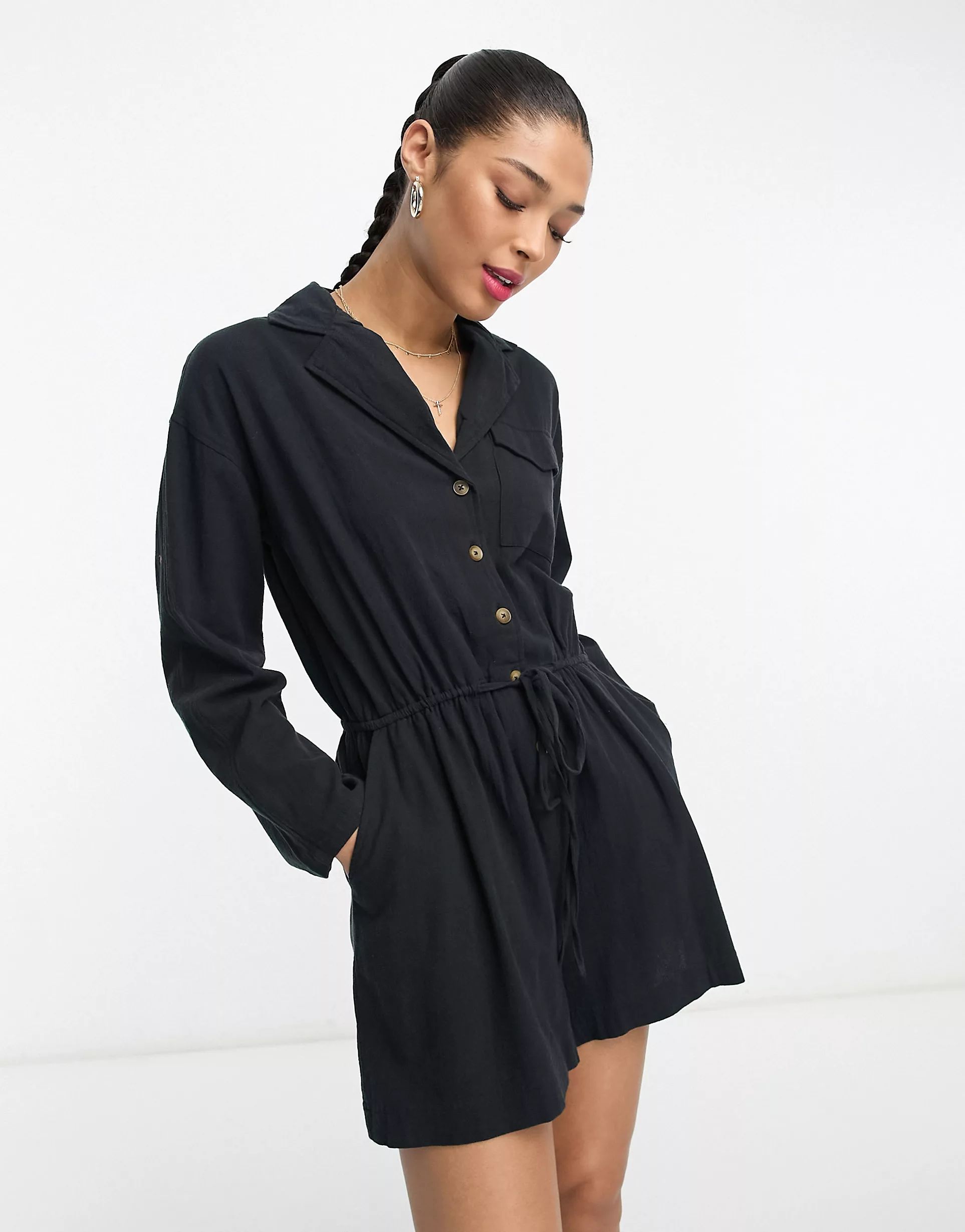 ASOS DESIGN slouchy linen look shirt playsuit with long sleeve in black | ASOS | ASOS (Global)