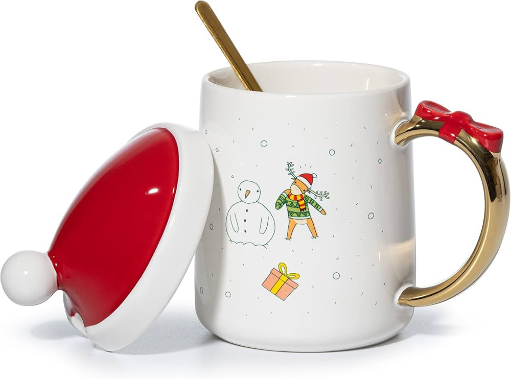 Christmas Mug Santa and Deer Red Lid with Gold Spoon - Cute Coffee & Tea Milk Cup - Holiday Festi... | Amazon (US)