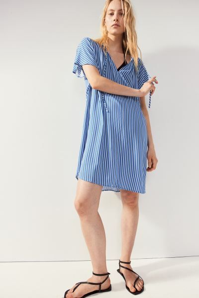Tie-detail Dress - Round Neck - Short sleeve - Blue/striped - Ladies | H&M US | H&M (US + CA)