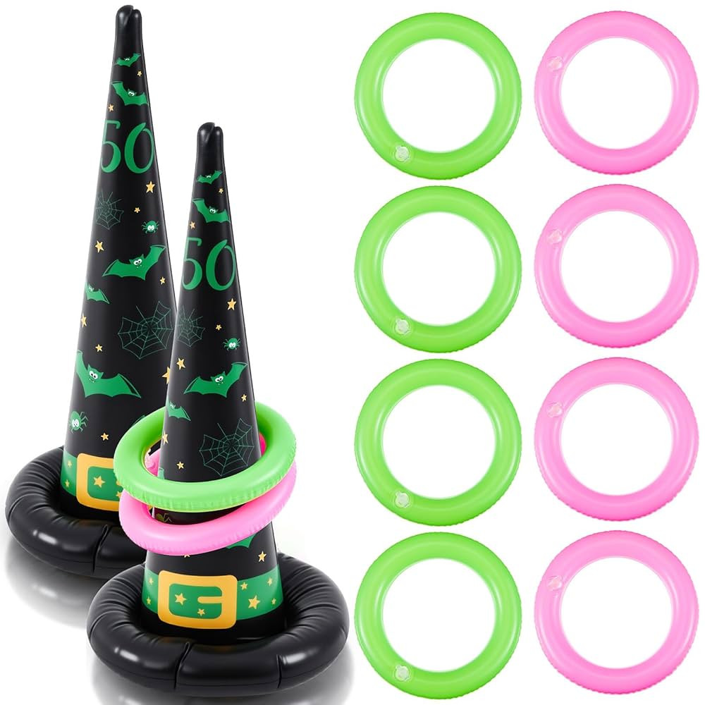 Leitee 10 Pcs Halloween Inflatable Witch Hat Ring Toss Game Set Carnival Pink and Green Inflatabl... | Amazon (US)