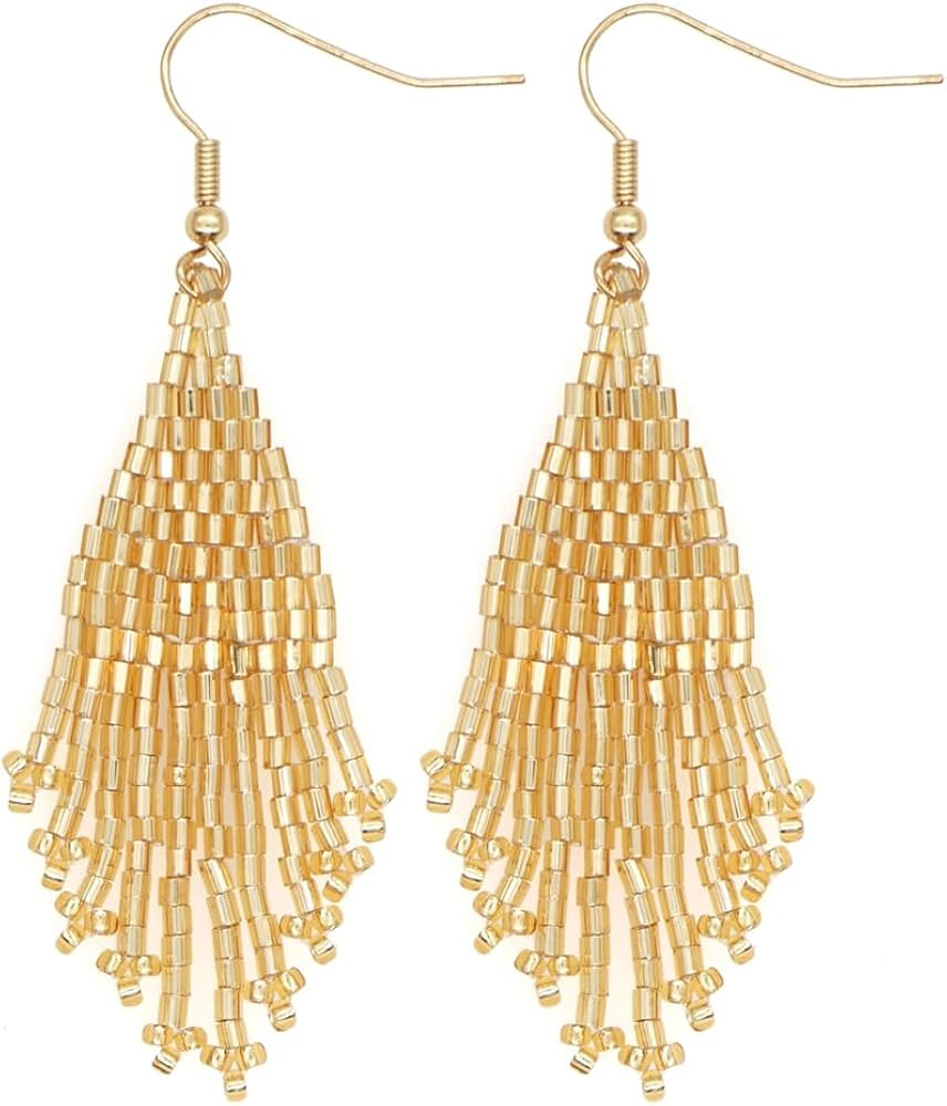 Fall Long Native Gold Beaded Flower Fringe Dangle Earrings for Women, Large Bohemian Handmade Col... | Amazon (US)