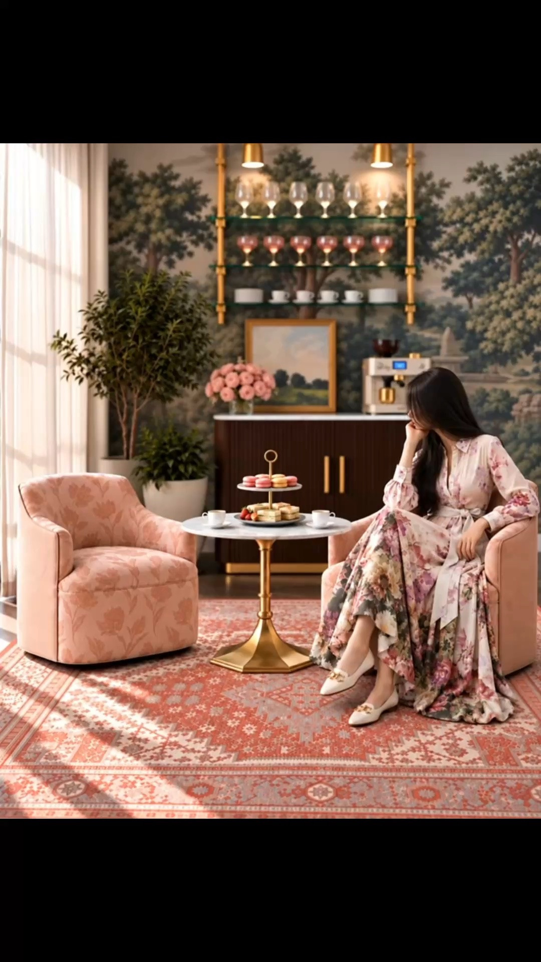 Sunday morning coffee moment. ☕️✨

Imagine having your own beautiful home bar—a cozy coffee corner in the morning and a sophisticated cocktail lounge in the evening. The perfect spot to slow down, unwind, and enjoy a quiet moment at home.

I love how the romantic floral swivel chairs, patterned rug, marble bistro table, rich wood bar cabinet, brass shelving, and scenic wallpaper create such an inviting atmosphere. Soft morning sunshine streaming through the curtains, delicate floral arrangements, and beautiful coffee and dessert essentials make this space feel especially charming.

From morning coffee to afternoon tea and evening cocktails, it’s a beautiful way to enjoy every moment at home. 🥂

#SundayMorning #SundayCoffee #MorningCoffee #HomeBar #HomeCoffeeBar #CoffeeStation #CoffeeCorner #CocktailLounge #HomeLounge #SwivelChair #LoungeChair #AccentChair #AreaRug #BistroTable #MarbleTable #BarCabinet #BrassShelving #WallShelf #ScenicWallpaper #WindowTreatments #Curtains #CoffeeCups #CakeStand #FlowerArrangement #HomeEntertaining #RomanticInteriors #InteriorDesign #HomeDecor #FloralMaxiDress #MaxiDress #WomensFashion #Flats #LTKStyle #LTKHome #LTKdayinmylife
