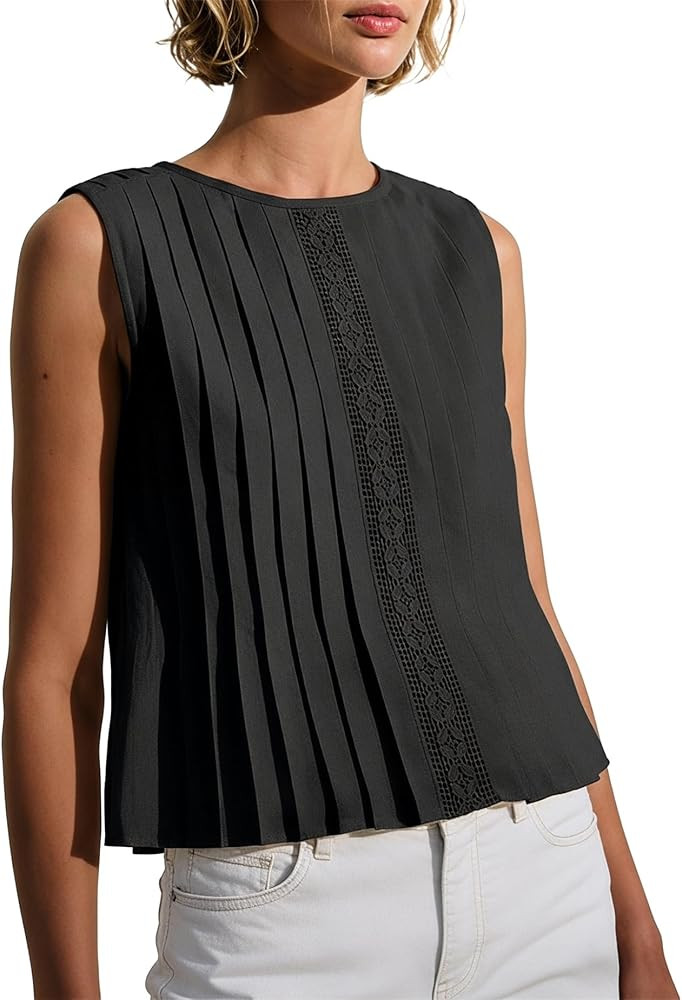 Womens Pleated Crop Tank Tops Summer Sleeveless Crew Neck Blouse Loose Fit Trendy Y2K Guipure Bab... | Amazon (US)
